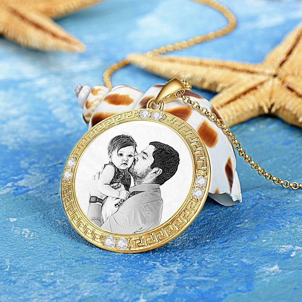 Men's Personalized Photo Engraved Necklace, Rhinestone Crystal Round Shape Photo Necklace 14 Gold Plated Golden - Sketch - yournamencklaceuk