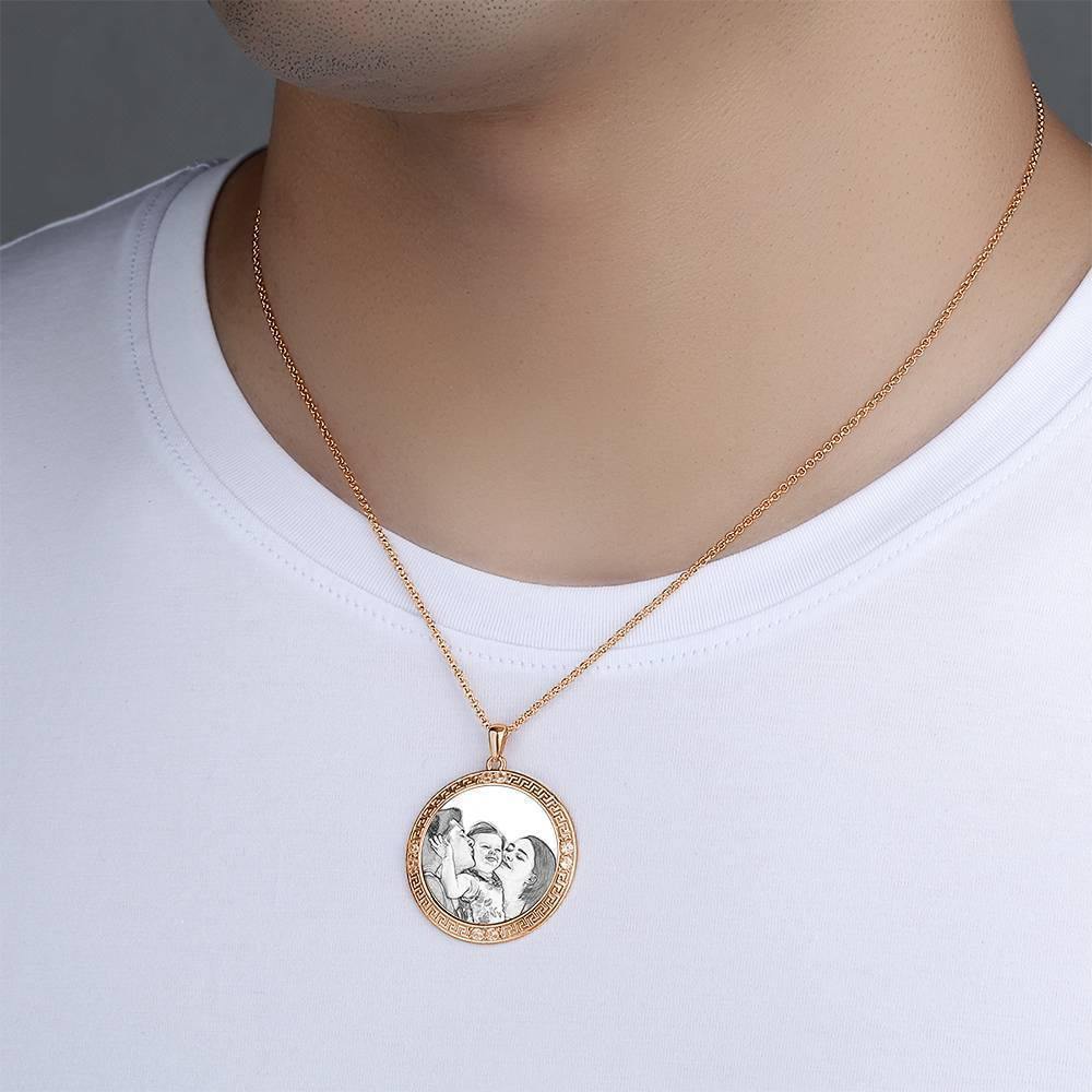 Men's Personalized Photo Engraved Necklace, Rhinestone Crystal Round Shape Photo Necklace Rose Gold Plated - Sketch - yournamencklaceuk