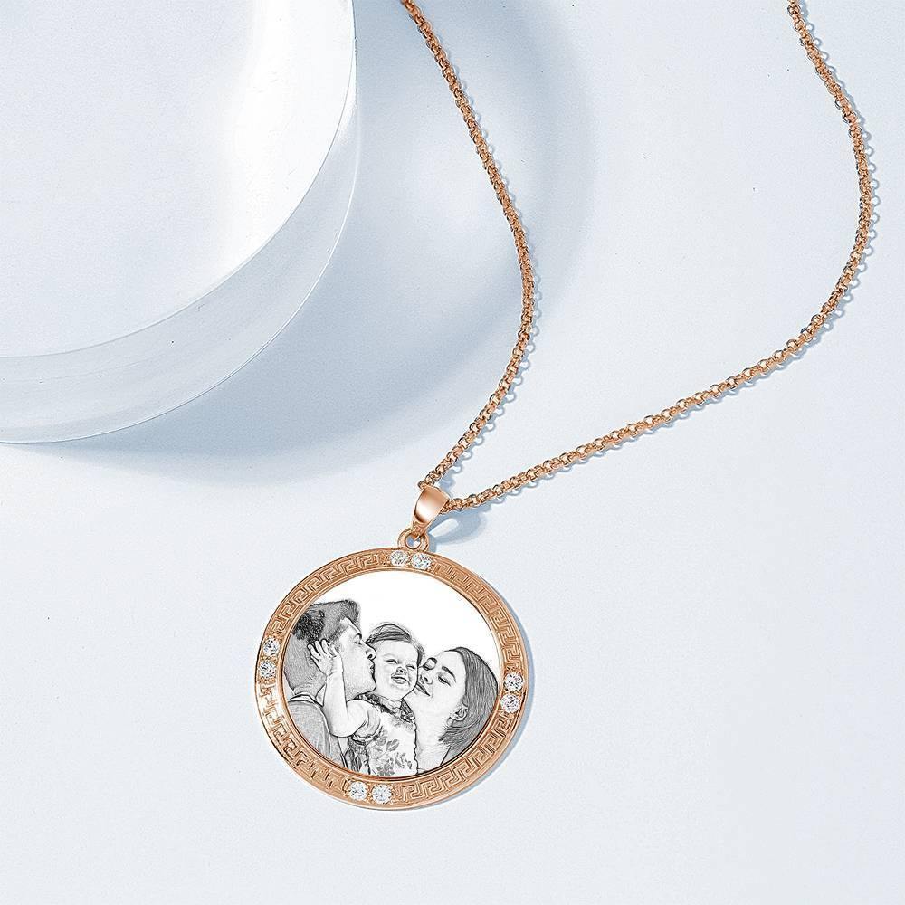 Men's Personalized Photo Engraved Necklace, Rhinestone Crystal Round Shape Photo Necklace Rose Gold Plated - Sketch - yournamencklaceuk