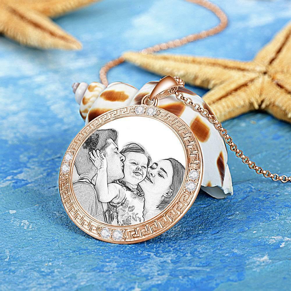 Men's Personalized Photo Engraved Necklace, Rhinestone Crystal Round Shape Photo Necklace Rose Gold Plated - Sketch - yournamencklaceuk