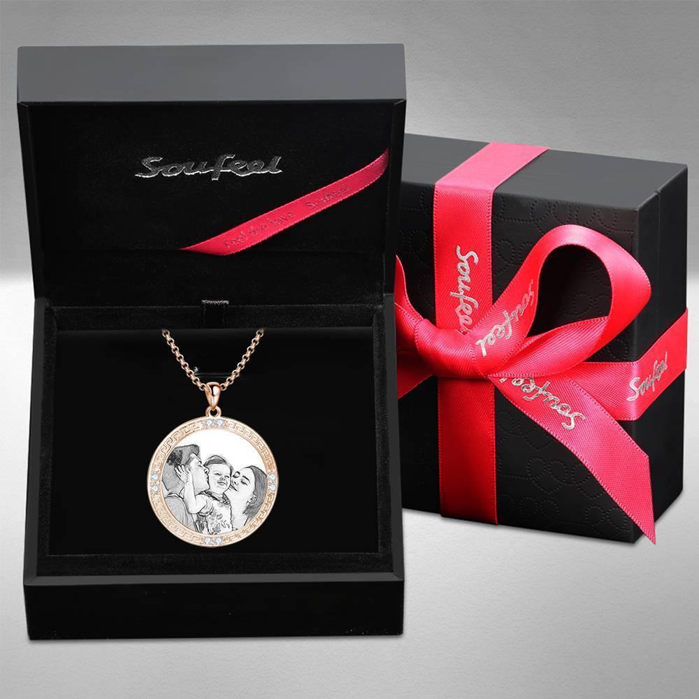 Men's Personalized Photo Engraved Necklace, Rhinestone Crystal Round Shape Photo Necklace Rose Gold Plated - Sketch - yournamencklaceuk