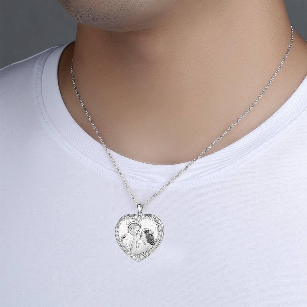 Men's Personalized Photo Engraved Necklace, Rhinestone Crystal Heart Shape Photo Necklace Platinum Plated Silver - Sketch - yournamencklaceuk