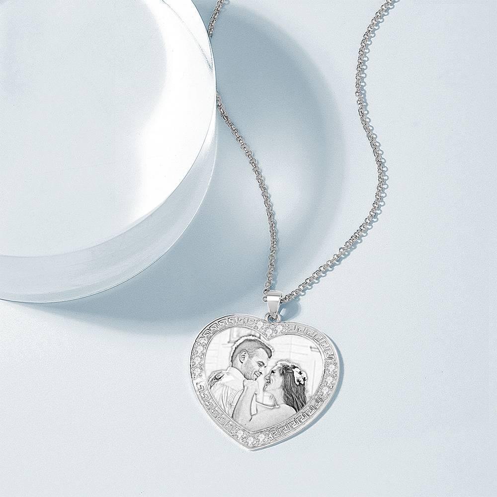 Men's Personalized Photo Engraved Necklace, Rhinestone Crystal Heart Shape Photo Necklace Platinum Plated Silver - Sketch - yournamencklaceuk