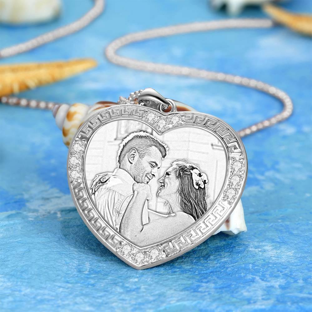 Men's Personalized Photo Engraved Necklace, Rhinestone Crystal Heart Shape Photo Necklace Platinum Plated Silver - Sketch - yournamencklaceuk