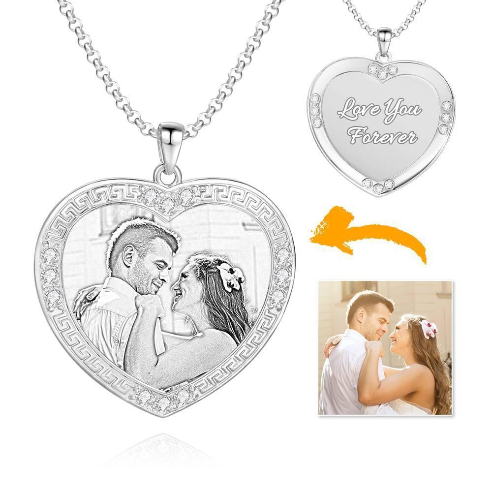 Men's Personalized Photo Engraved Necklace, Rhinestone Crystal Heart Shape Photo Necklace Platinum Plated Silver - Sketch - yournamencklaceuk