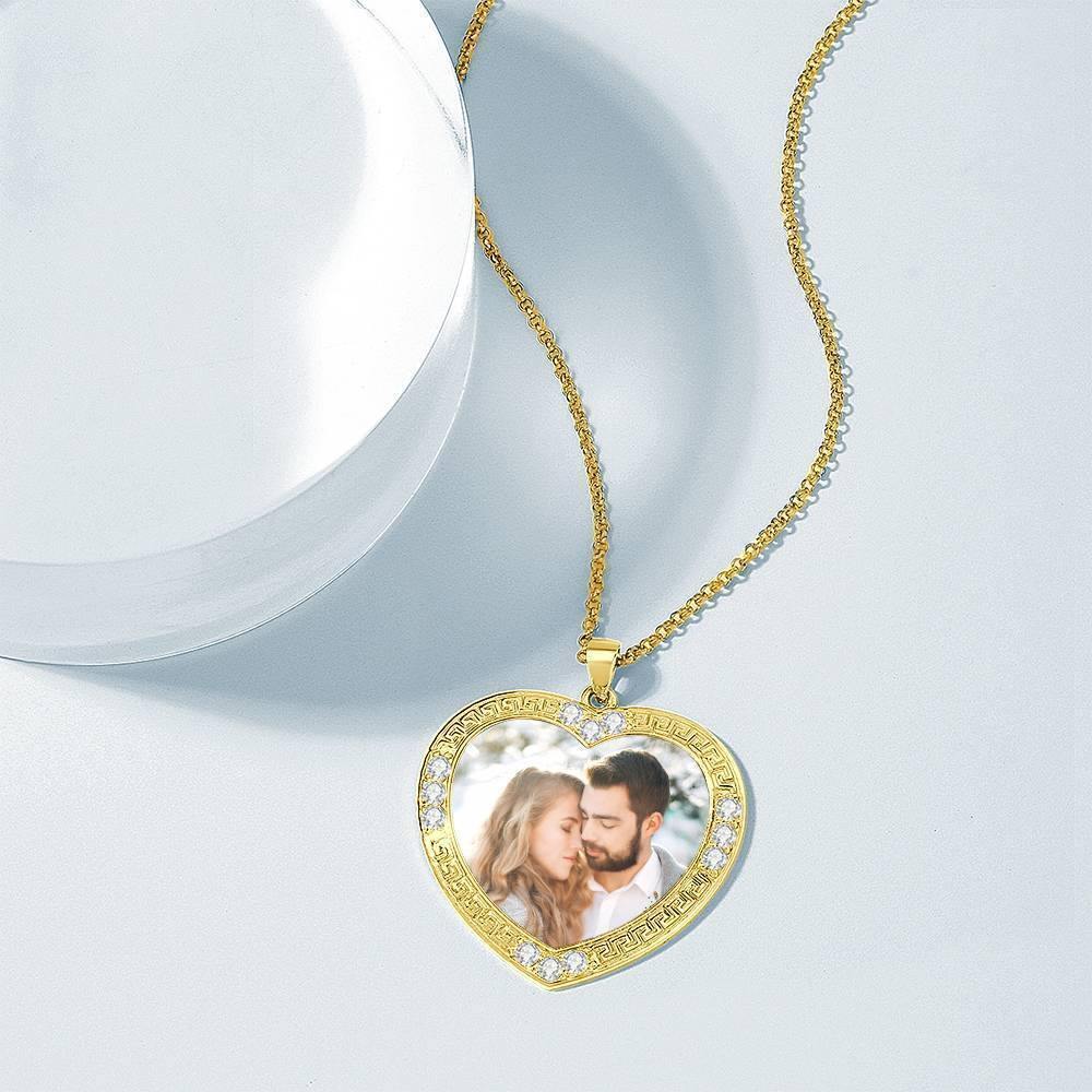 Men's Personalized Photo Engraved Necklace, Rhinestone Crystal Heart Shape Photo Necklace 14 Gold Plated Golden - Colorful - yournamencklaceuk