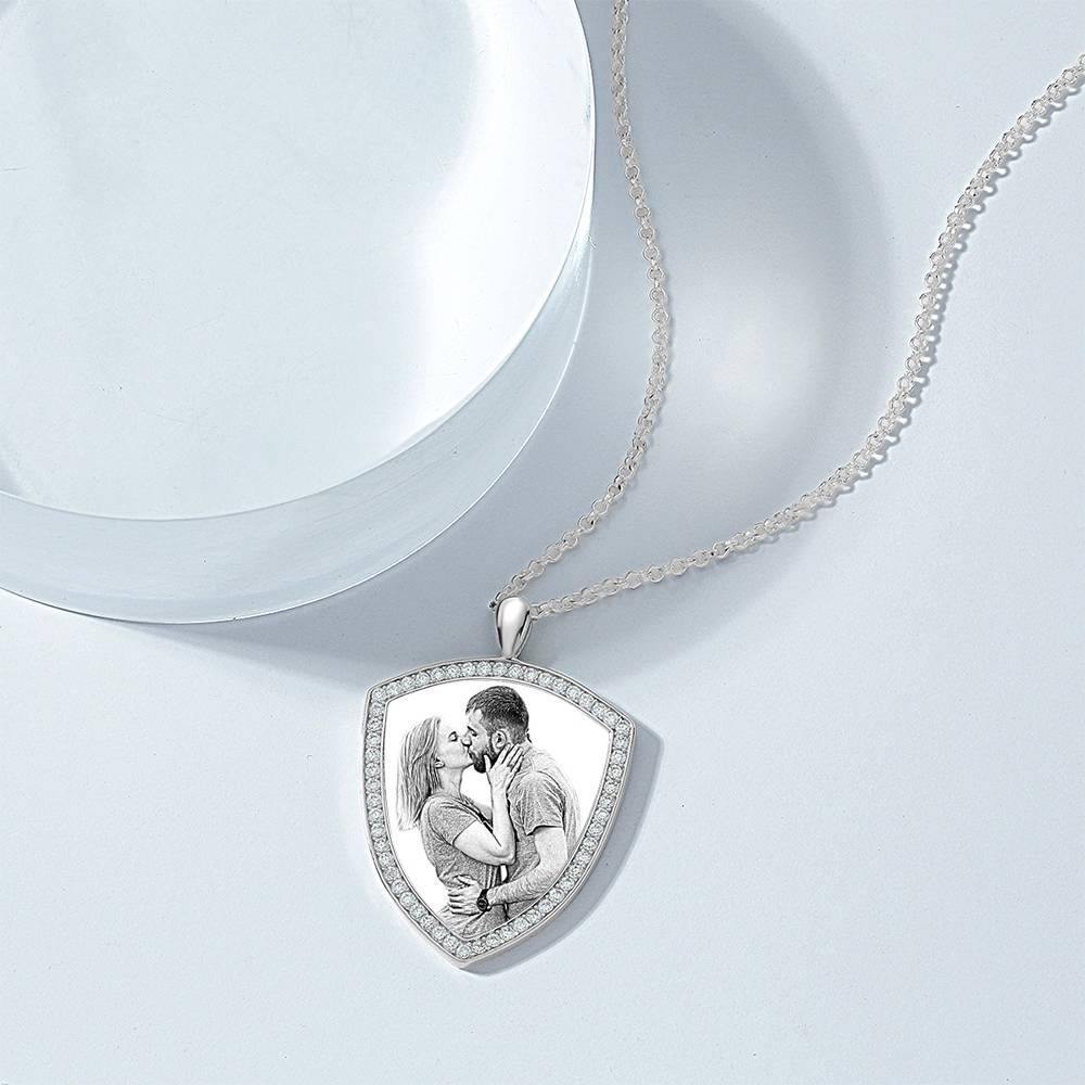 Women's Personalized Photo Engraved Necklace, Rhinestone Crystal Shield Shape Photo Necklace Platinum Plated Silver - Sketch - yournamencklaceuk