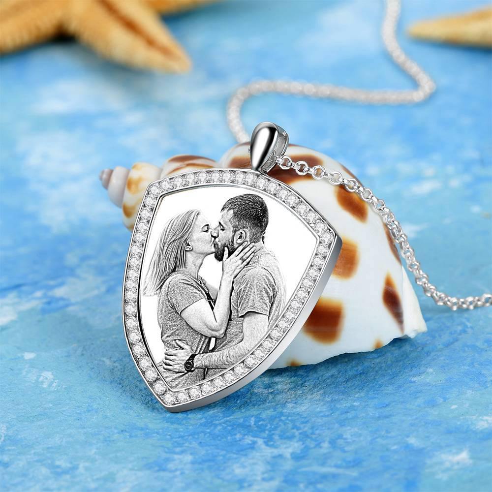 Women's Personalized Photo Engraved Necklace, Rhinestone Crystal Shield Shape Photo Necklace Platinum Plated Silver - Sketch - yournamencklaceuk