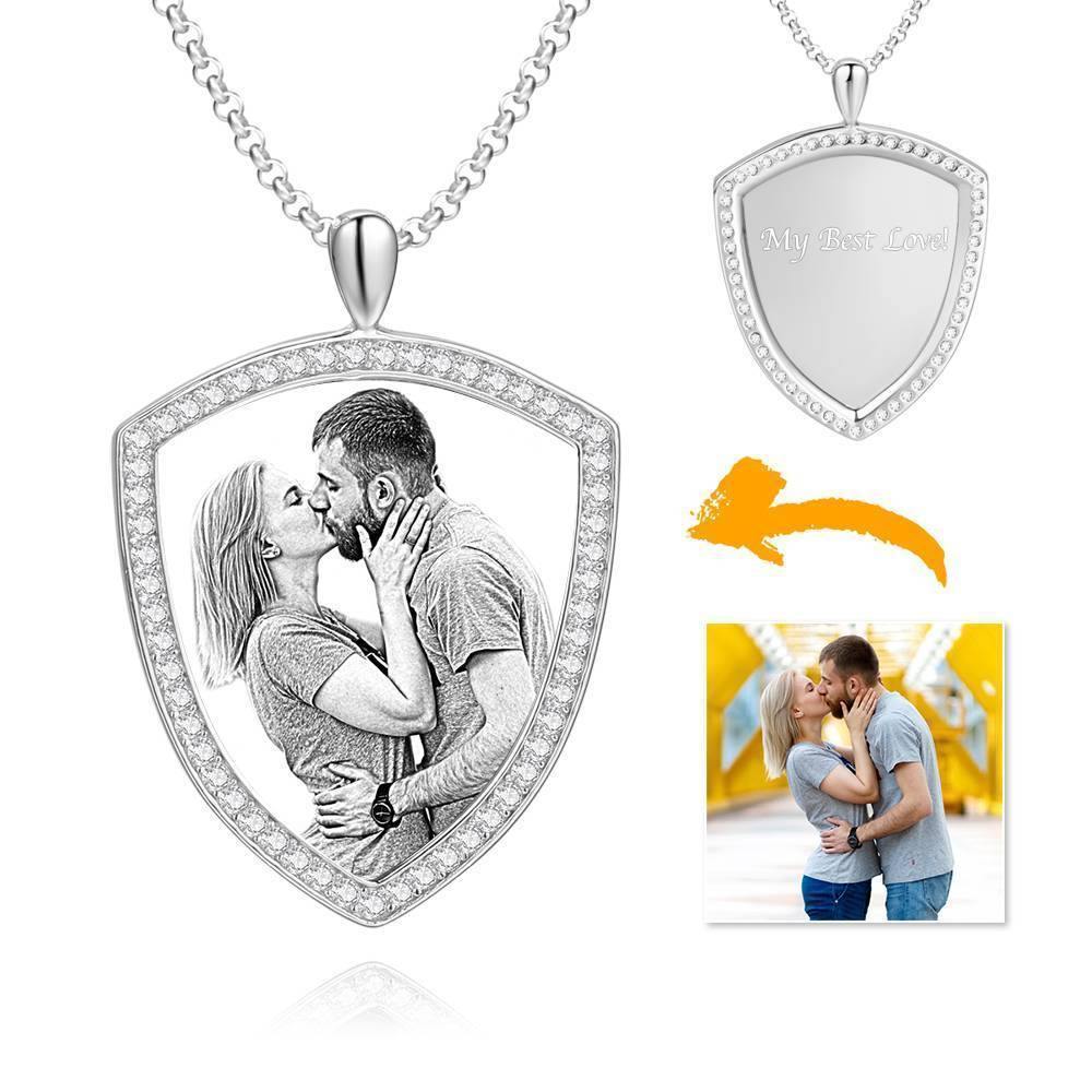 Women's Personalized Photo Engraved Necklace, Rhinestone Crystal Shield Shape Photo Necklace Platinum Plated Silver - Sketch - yournamencklaceuk