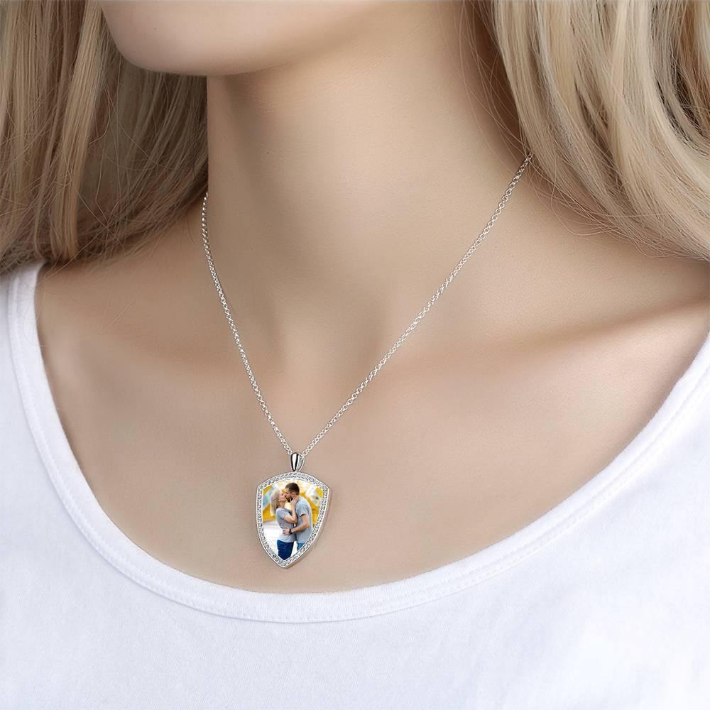 Women's Personalized Photo Engraved Necklace, Rhinestone Crystal Shield Shape Photo Necklace Platinum Plated Silver - Colorful - yournamencklaceuk