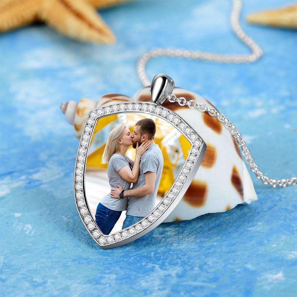 Women's Personalized Photo Engraved Necklace, Rhinestone Crystal Shield Shape Photo Necklace Platinum Plated Silver - Colorful - yournamencklaceuk