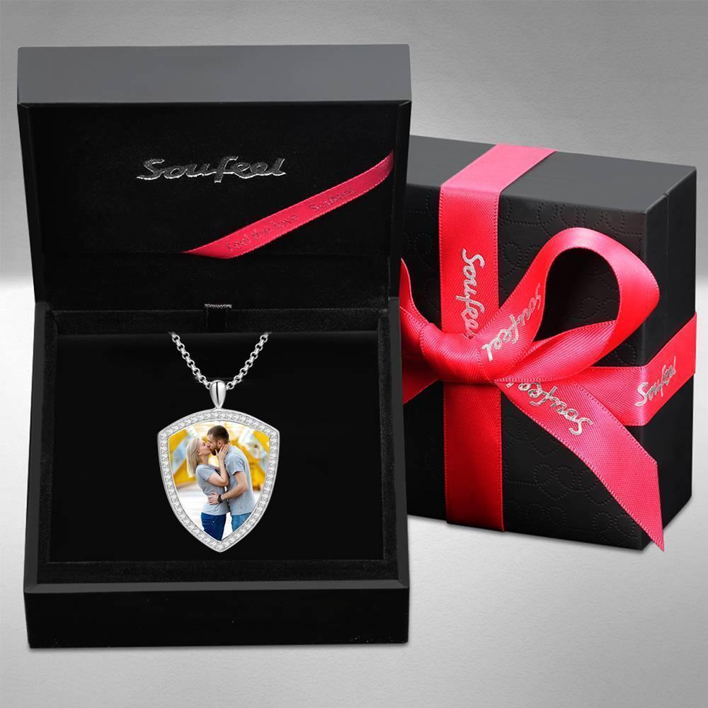Women's Personalized Photo Engraved Necklace, Rhinestone Crystal Shield Shape Photo Necklace Platinum Plated Silver - Colorful - yournamencklaceuk