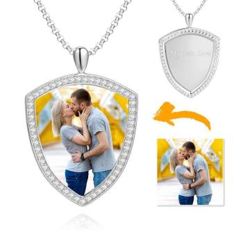 Women's Personalized Photo Engraved Necklace, Rhinestone Crystal Shield Shape Photo Necklace Platinum Plated Silver - Colorful - yournamencklaceuk