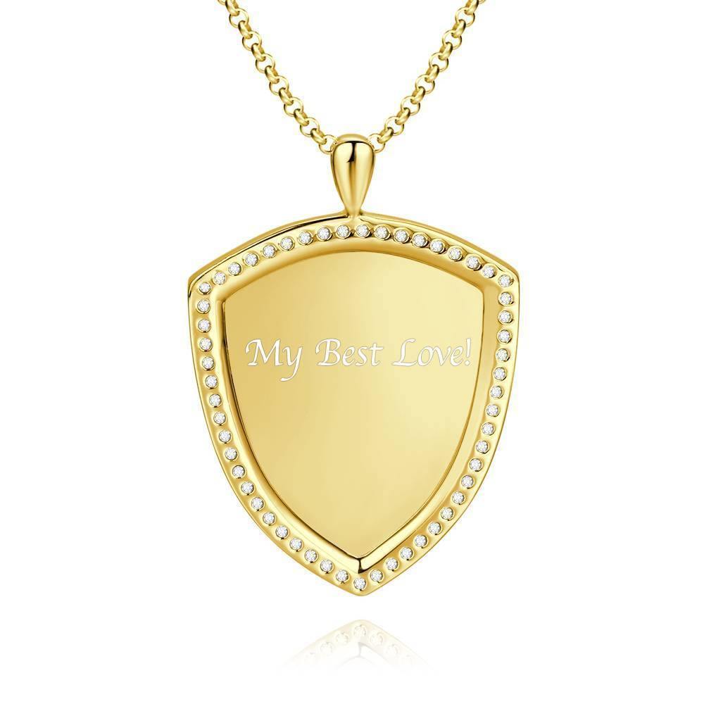 Women's Personalized Photo Engraved Necklace, Rhinestone Crystal Shield Shape Photo Necklace 14K Gold Plated Golden - Sketch - yournamencklaceuk
