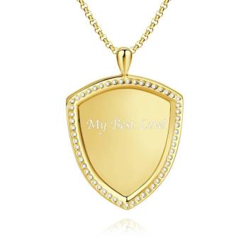 Women's Personalized Photo Engraved Necklace, Rhinestone Crystal Shield Shape Photo Necklace 14K Gold Plated Golden - Sketch - yournamencklaceuk