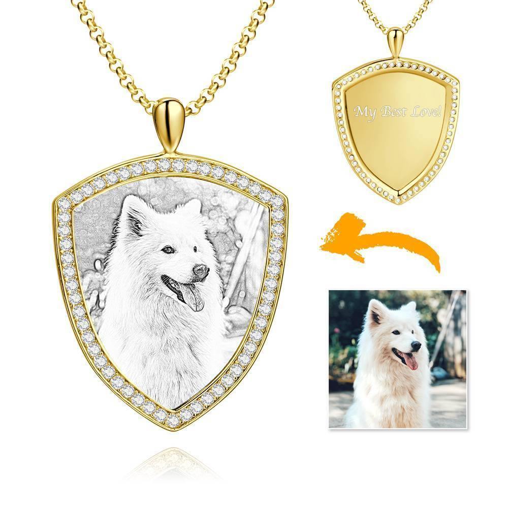 Women's Personalized Photo Engraved Necklace, Rhinestone Crystal Shield Shape Photo Necklace Platinum Plated Silver - Sketch - yournamencklaceuk