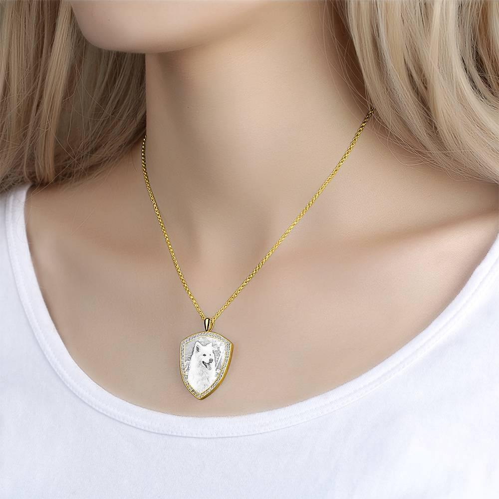 Women's Personalized Photo Engraved Necklace, Rhinestone Crystal Shield Shape Photo Necklace 14K Gold Plated Golden - Sketch - yournamencklaceuk