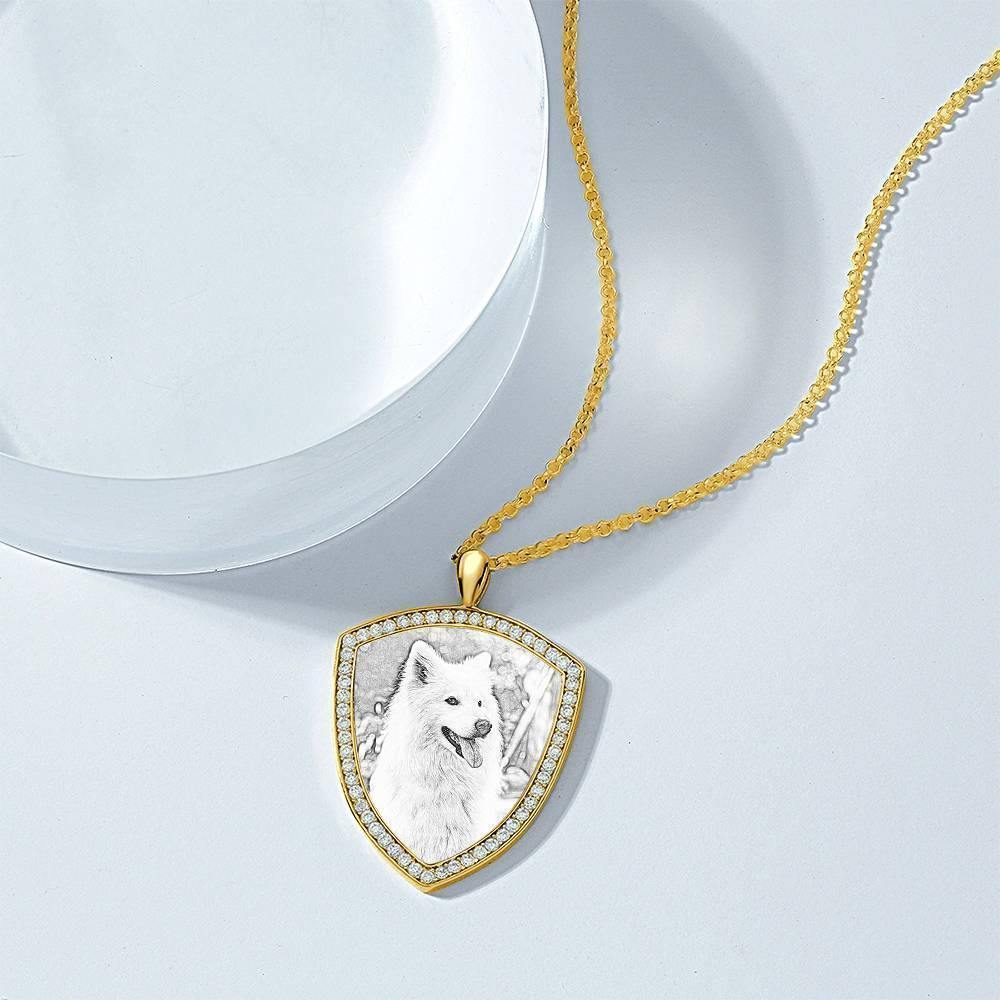 Women's Personalized Photo Engraved Necklace, Rhinestone Crystal Shield Shape Photo Necklace 14K Gold Plated Golden - Sketch - yournamencklaceuk