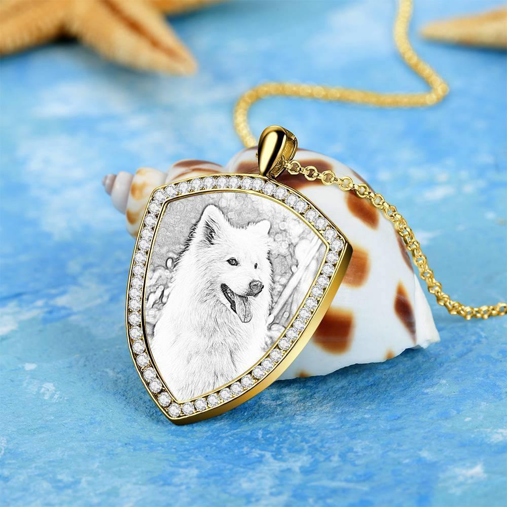 Women's Personalized Photo Engraved Necklace, Rhinestone Crystal Shield Shape Photo Necklace 14K Gold Plated Golden - Sketch - yournamencklaceuk