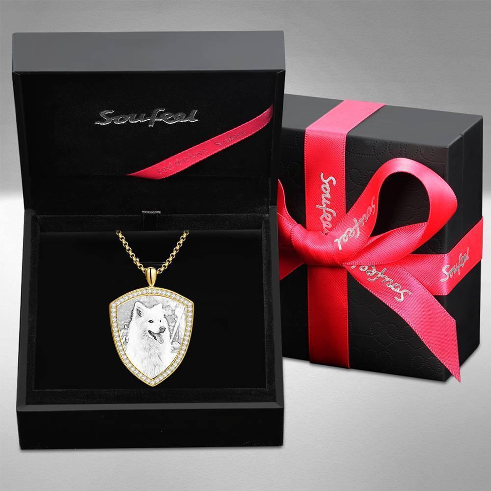 Women's Personalized Photo Engraved Necklace, Rhinestone Crystal Shield Shape Photo Necklace 14K Gold Plated Golden - Sketch - yournamencklaceuk