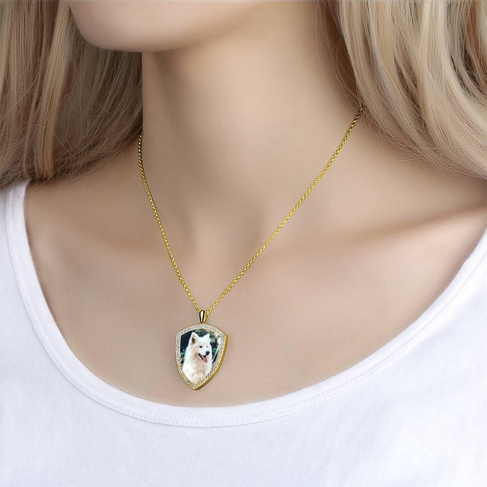 Women's Personalized Photo Engraved Necklace, Rhinestone Crystal Shield Shape Photo Necklace 14K Gold Plated Golden - Colorful - yournamencklaceuk