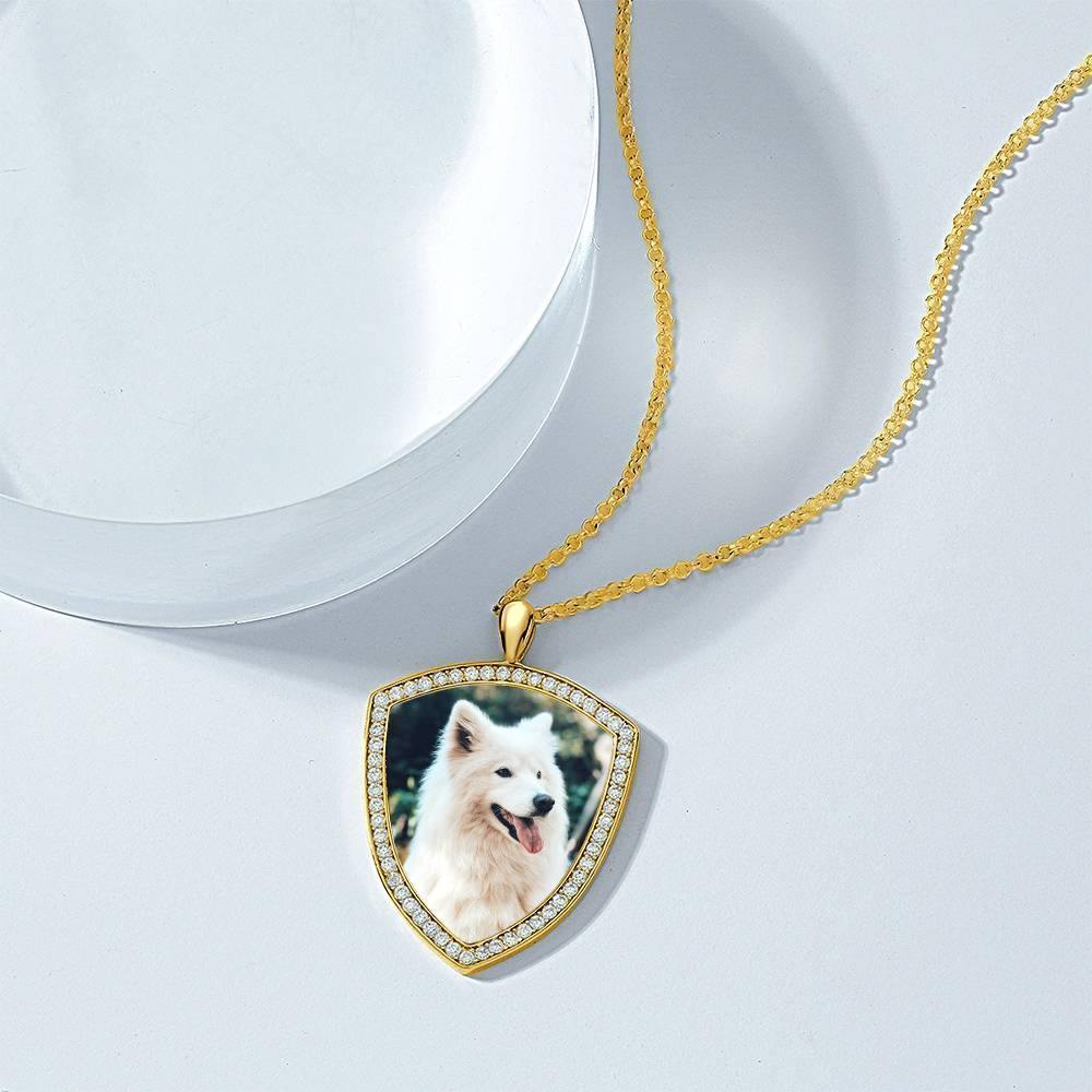 Women's Personalized Photo Engraved Necklace, Rhinestone Crystal Shield Shape Photo Necklace 14K Gold Plated Golden - Colorful - yournamencklaceuk