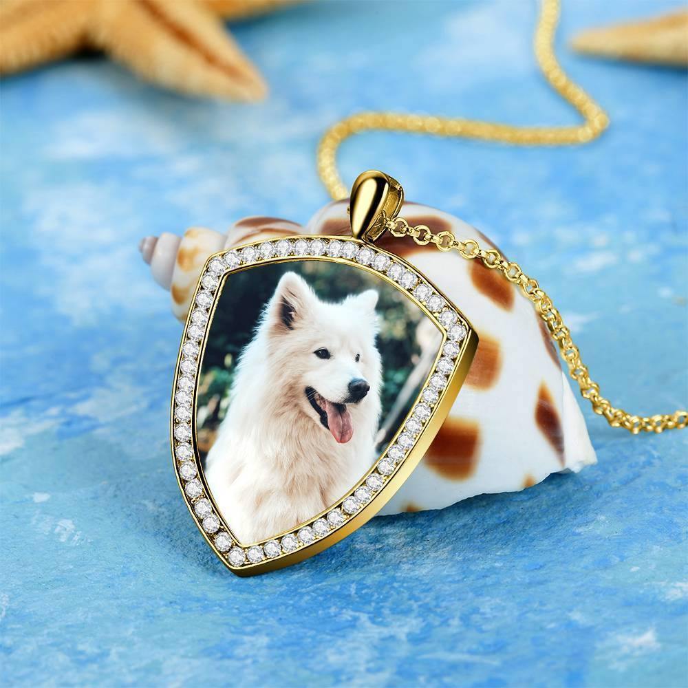 Women's Personalized Photo Engraved Necklace, Rhinestone Crystal Shield Shape Photo Necklace 14K Gold Plated Golden - Colorful - yournamencklaceuk