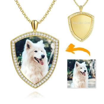 Women's Personalized Photo Engraved Necklace, Rhinestone Crystal Shield Shape Photo Necklace 14K Gold Plated Golden - Colorful - yournamencklaceuk