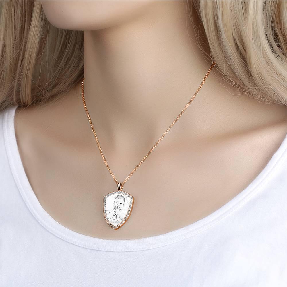 Women's Personalized Photo Engraved Necklace, Rhinestone Crystal Shield Shape Photo Necklace Rose Gold Plated - Sketch - yournamencklaceuk
