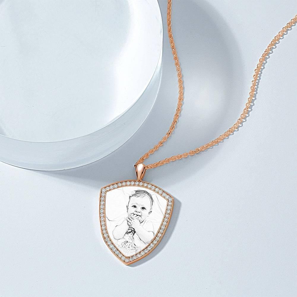 Women's Personalized Photo Engraved Necklace, Rhinestone Crystal Shield Shape Photo Necklace Rose Gold Plated - Sketch - yournamencklaceuk