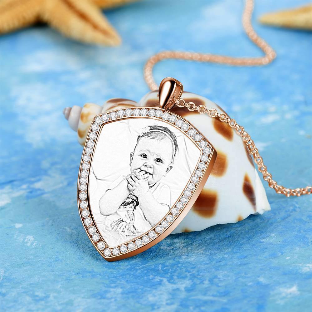 Women's Personalized Photo Engraved Necklace, Rhinestone Crystal Shield Shape Photo Necklace Rose Gold Plated - Sketch - yournamencklaceuk