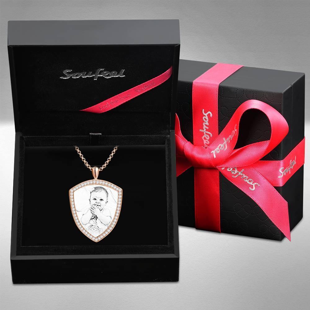 Women's Personalized Photo Engraved Necklace, Rhinestone Crystal Shield Shape Photo Necklace Rose Gold Plated - Sketch - yournamencklaceuk