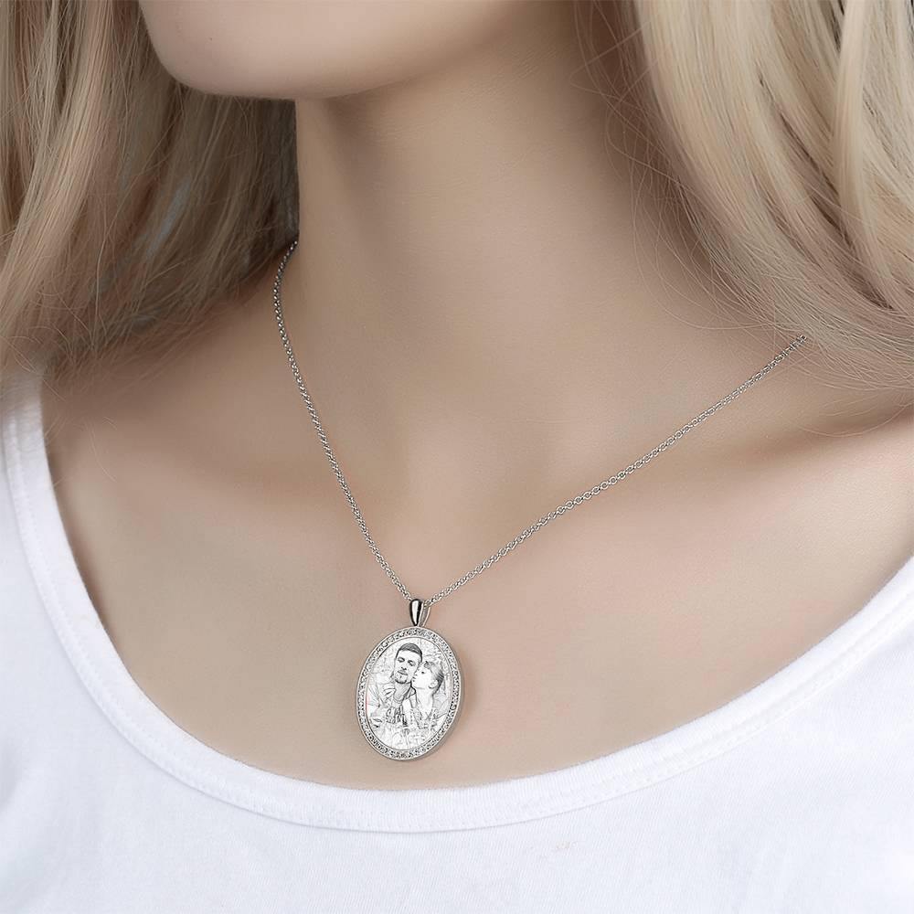 Women's Personalized Photo Engraved Necklace, Rhinestone Crystal Oval Shape Photo Necklace Platinum Plated Silver - Sketch - yournamencklaceuk