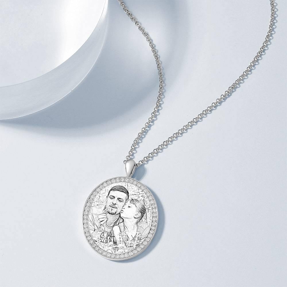 Women's Personalized Photo Engraved Necklace, Rhinestone Crystal Oval Shape Photo Necklace Platinum Plated Silver - Sketch - yournamencklaceuk