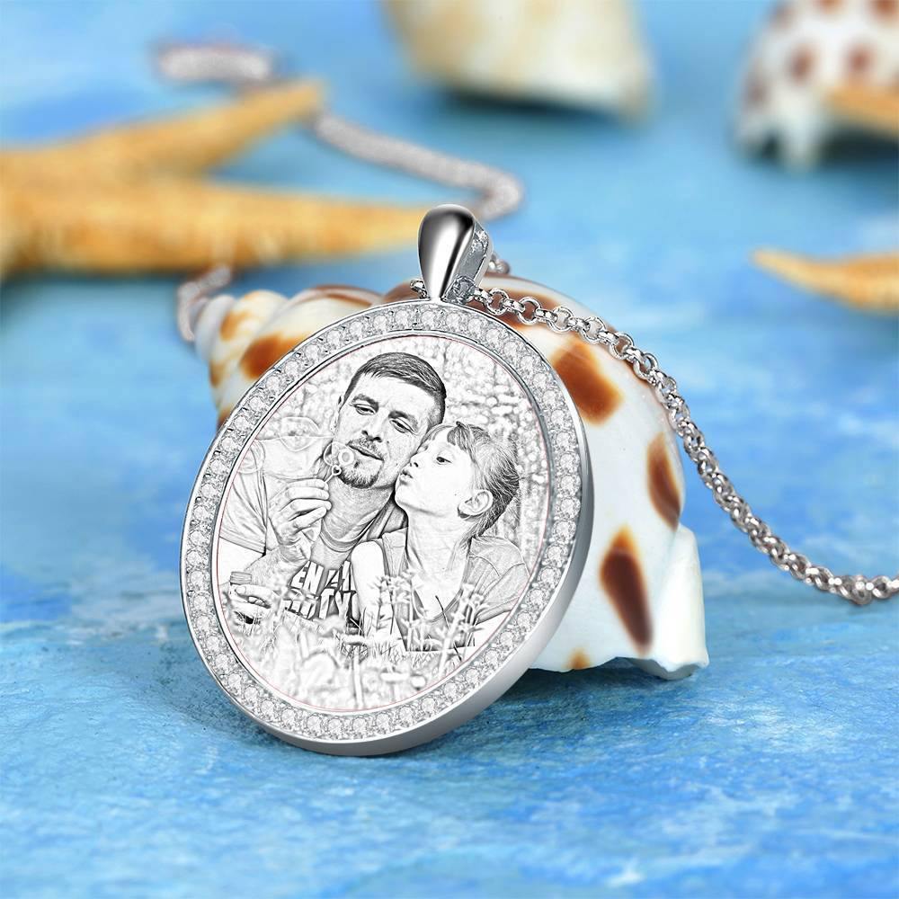 Women's Personalized Photo Engraved Necklace, Rhinestone Crystal Oval Shape Photo Necklace Platinum Plated Silver - Sketch - yournamencklaceuk