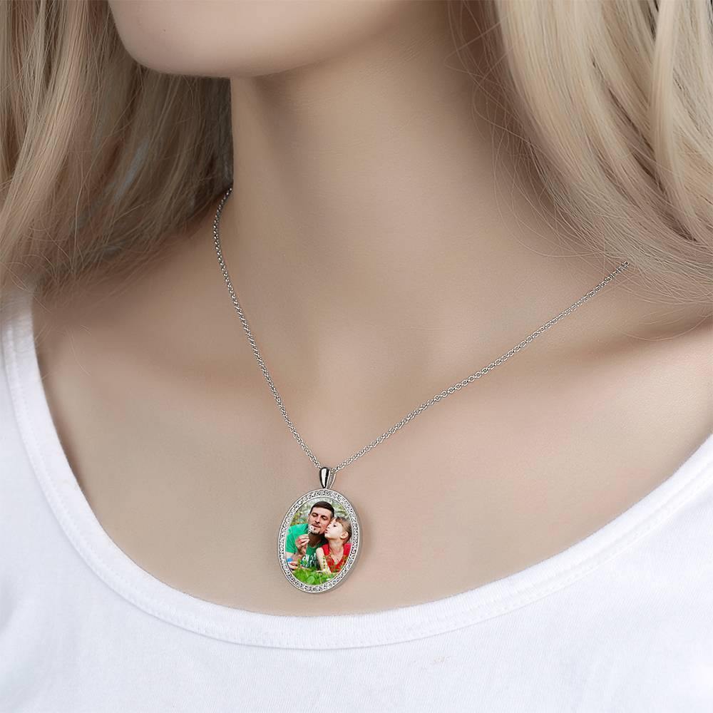 Women's Personalized Photo Engraved Necklace, Rhinestone Crystal Oval Shape Photo Necklace Platinum Plated Silver - Colorful - yournamencklaceuk