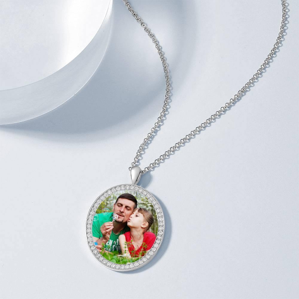 Women's Personalized Photo Engraved Necklace, Rhinestone Crystal Oval Shape Photo Necklace Platinum Plated Silver - Colorful - yournamencklaceuk