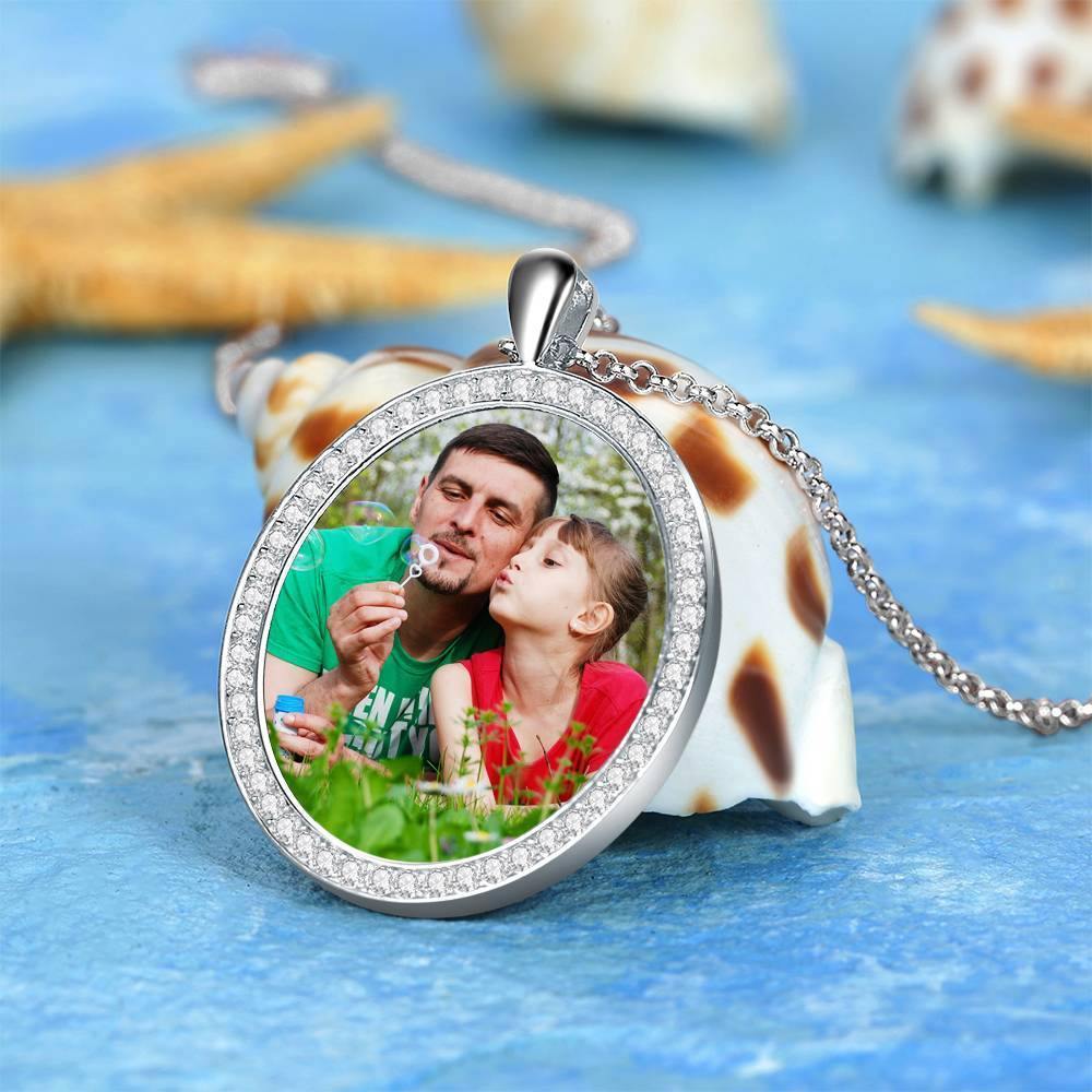 Women's Personalized Photo Engraved Necklace, Rhinestone Crystal Oval Shape Photo Necklace Platinum Plated Silver - Colorful - yournamencklaceuk