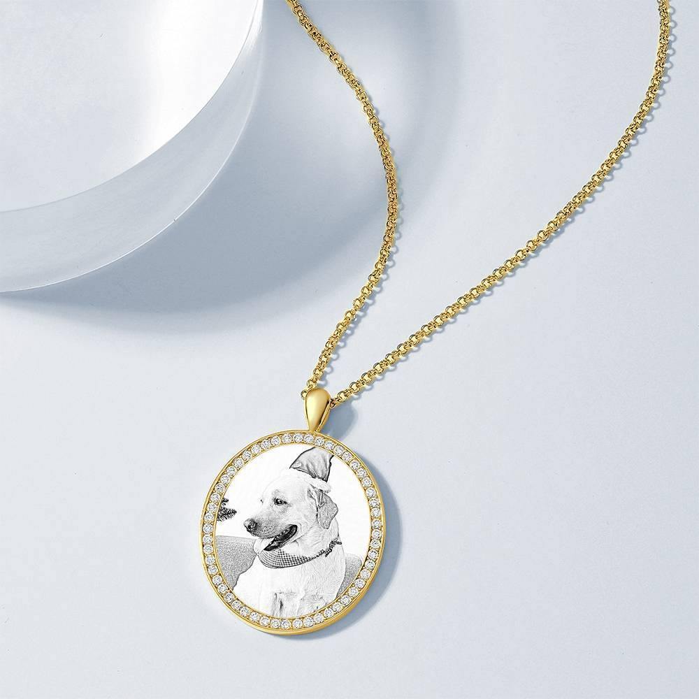 Women's Personalized Photo Engraved Necklace, Rhinestone Crystal Oval Shape Photo Necklace 14K Gold Plated Golden - Sketch - yournamencklaceuk