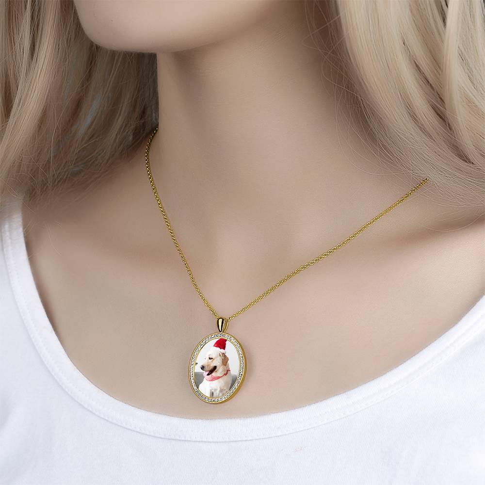 Women's Personalized Photo Engraved Necklace, Rhinestone Crystal Oval Shape Photo Necklace 14K Gold Plated Golden - Colorful - yournamencklaceuk
