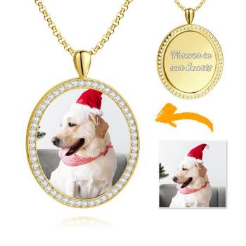 Women's Engraved Personalised Rhinestone Crystal Shield Shape Photo Necklace 14K Gold Plated Golden - Colorful