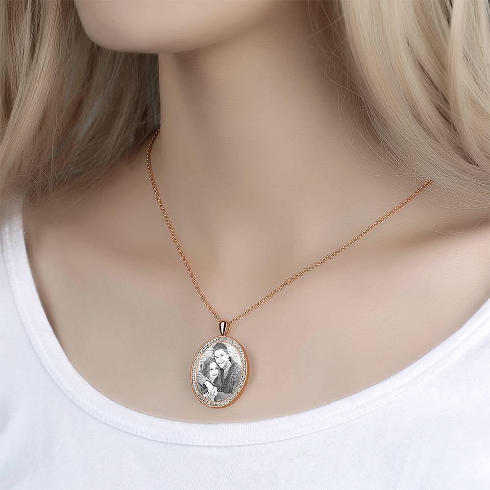 Women's Personalized Photo Engraved Necklace, Rhinestone Crystal Oval Shape Photo Necklace Rose Gold Plated - Sketch - yournamencklaceuk