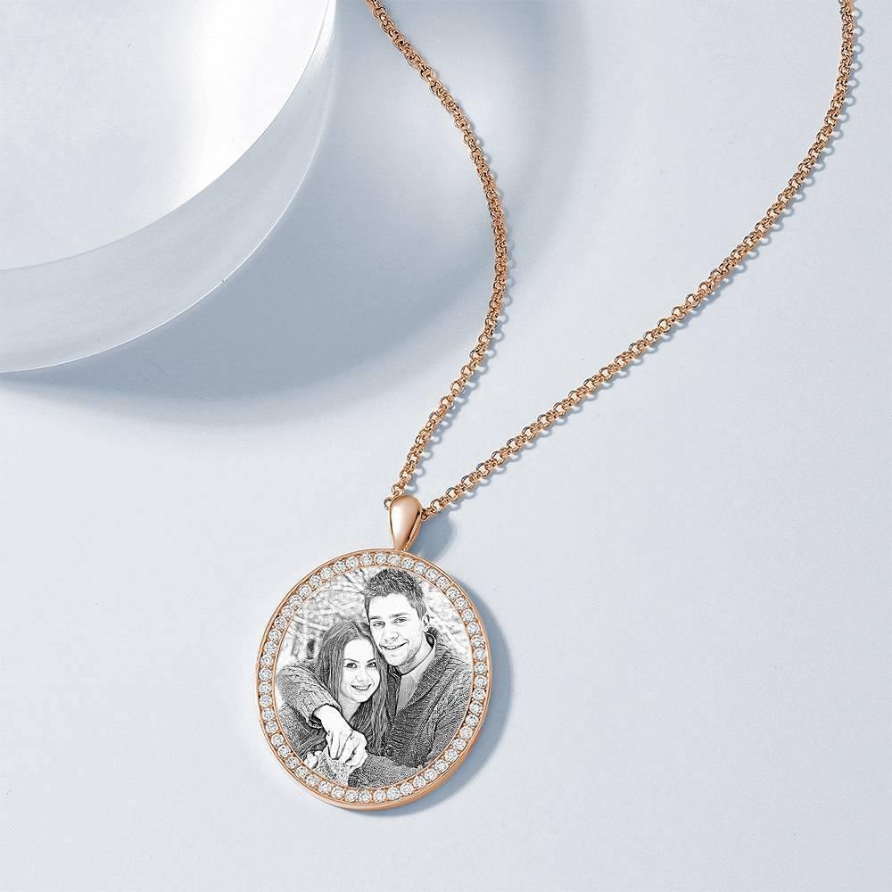 Women's Personalized Photo Engraved Necklace, Rhinestone Crystal Oval Shape Photo Necklace Rose Gold Plated - Sketch - yournamencklaceuk