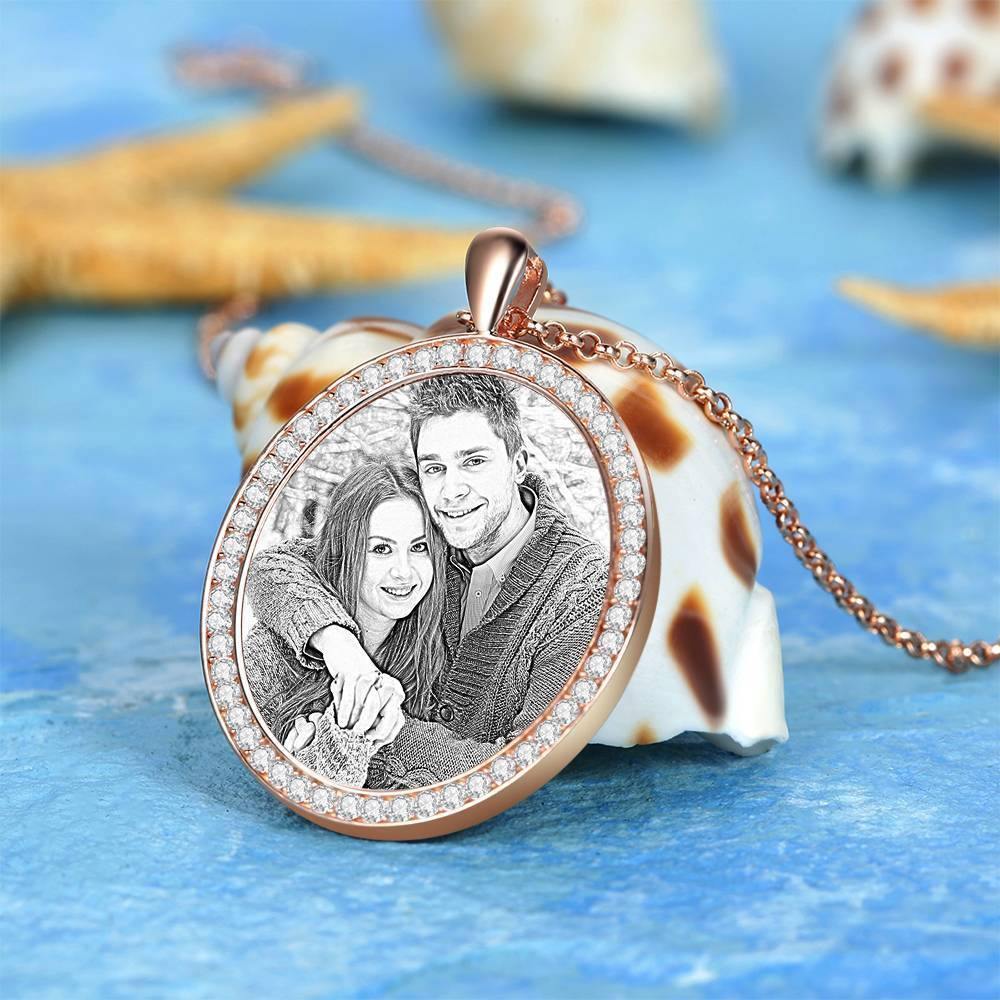 Women's Personalized Photo Engraved Necklace, Rhinestone Crystal Oval Shape Photo Necklace Rose Gold Plated - Sketch - yournamencklaceuk