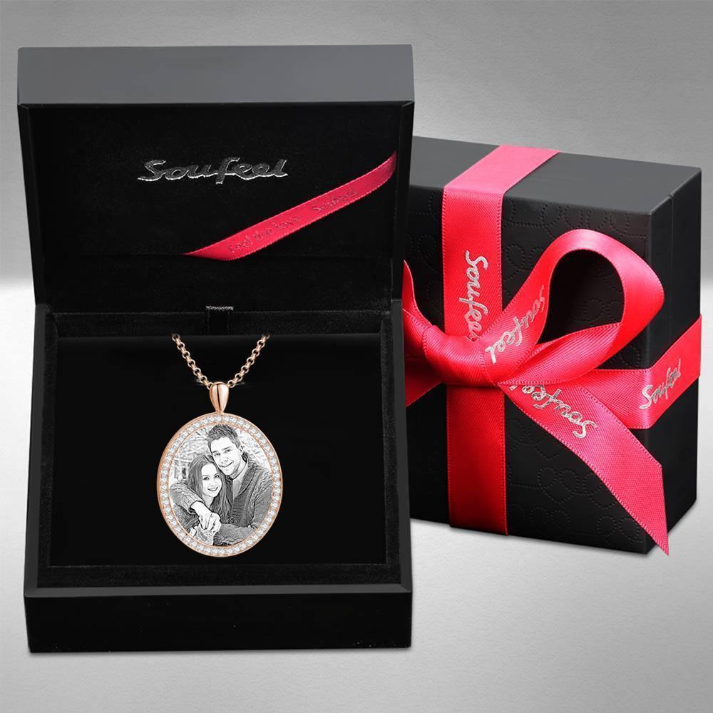 Women's Personalized Photo Engraved Necklace, Rhinestone Crystal Oval Shape Photo Necklace Rose Gold Plated - Sketch - yournamencklaceuk