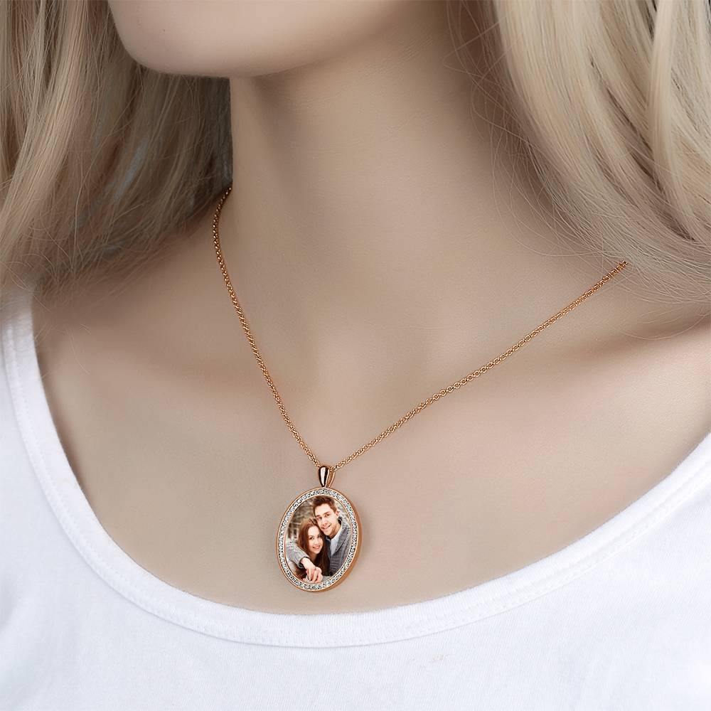 Women's Personalized Photo Engraved Necklace, Rhinestone Crystal Oval Shape Photo Necklace Rose Gold Plated - Colorful - yournamencklaceuk