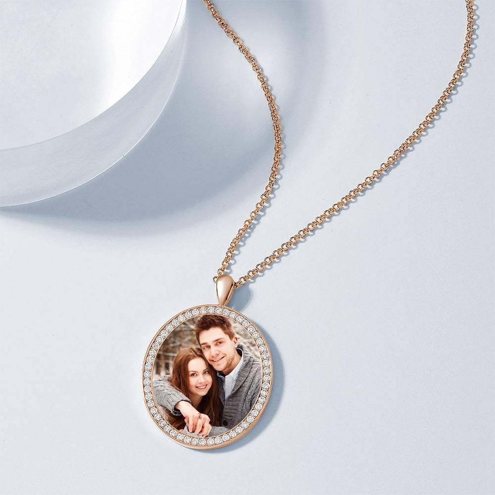 Women's Personalized Photo Engraved Necklace, Rhinestone Crystal Oval Shape Photo Necklace Rose Gold Plated - Colorful - yournamencklaceuk