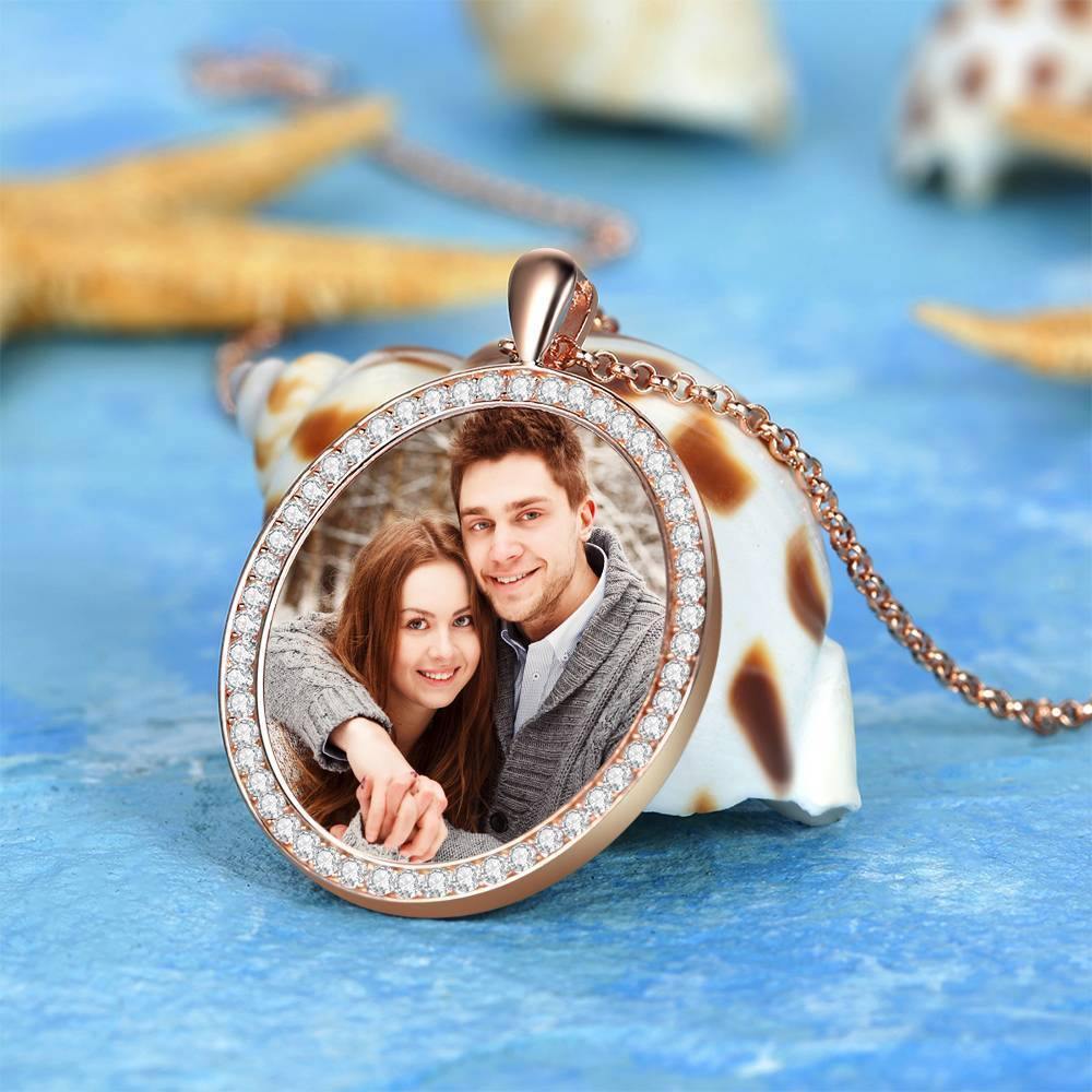 Women's Personalized Photo Engraved Necklace, Rhinestone Crystal Oval Shape Photo Necklace Rose Gold Plated - Colorful - yournamencklaceuk