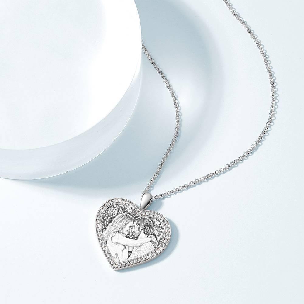 Women's Personalized Photo Engraved Necklace, Rhinestone Crystal Heart Shape Photo Necklace Platinum Plated Silver - Sketch - yournamencklaceuk