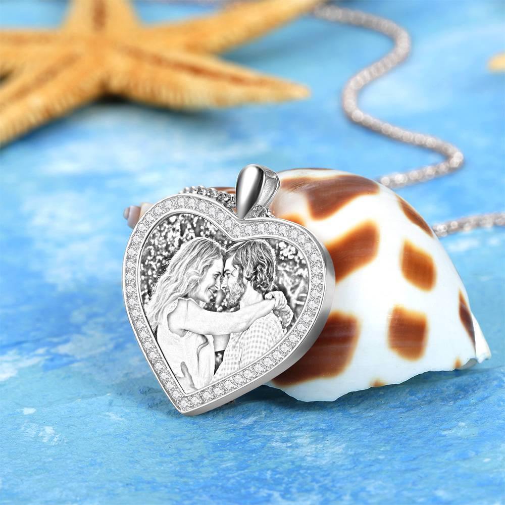 Women's Personalized Photo Engraved Necklace, Rhinestone Crystal Heart Shape Photo Necklace Platinum Plated Silver - Sketch - yournamencklaceuk